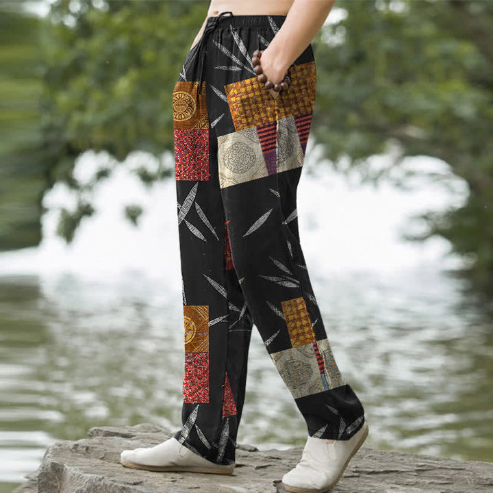 Buddha Stones Pantaloni da uomo affusolati in cotone stile bohémien con motivo a foglie patchwork e tasche. - image 7