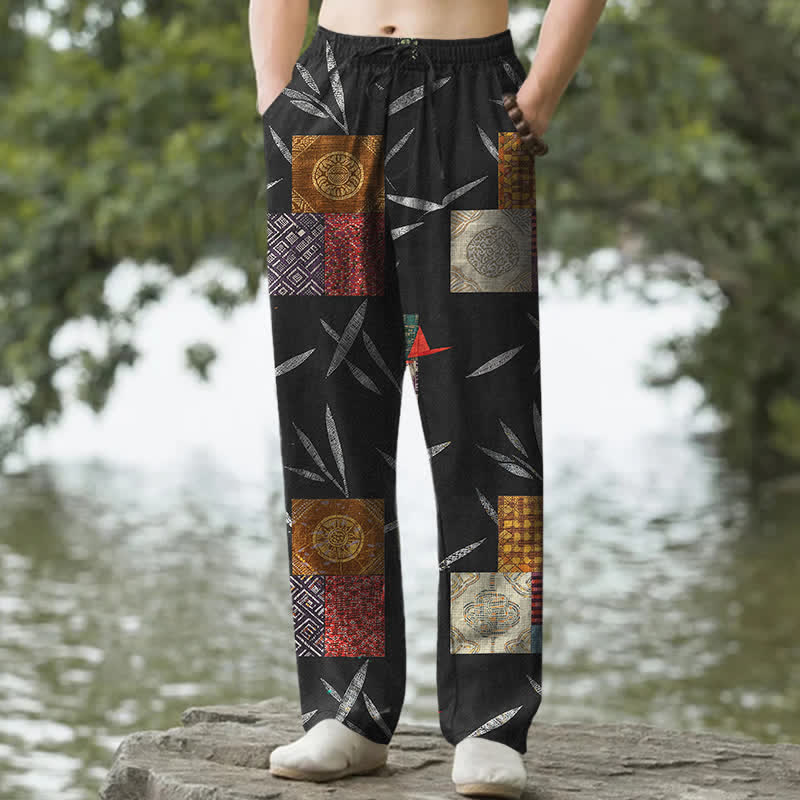 Buddha Stones Pantaloni da uomo affusolati in cotone stile bohémien con motivo a foglie patchwork e tasche. - Nero - US/UK/AU50, EU60 (5XL) - image 6