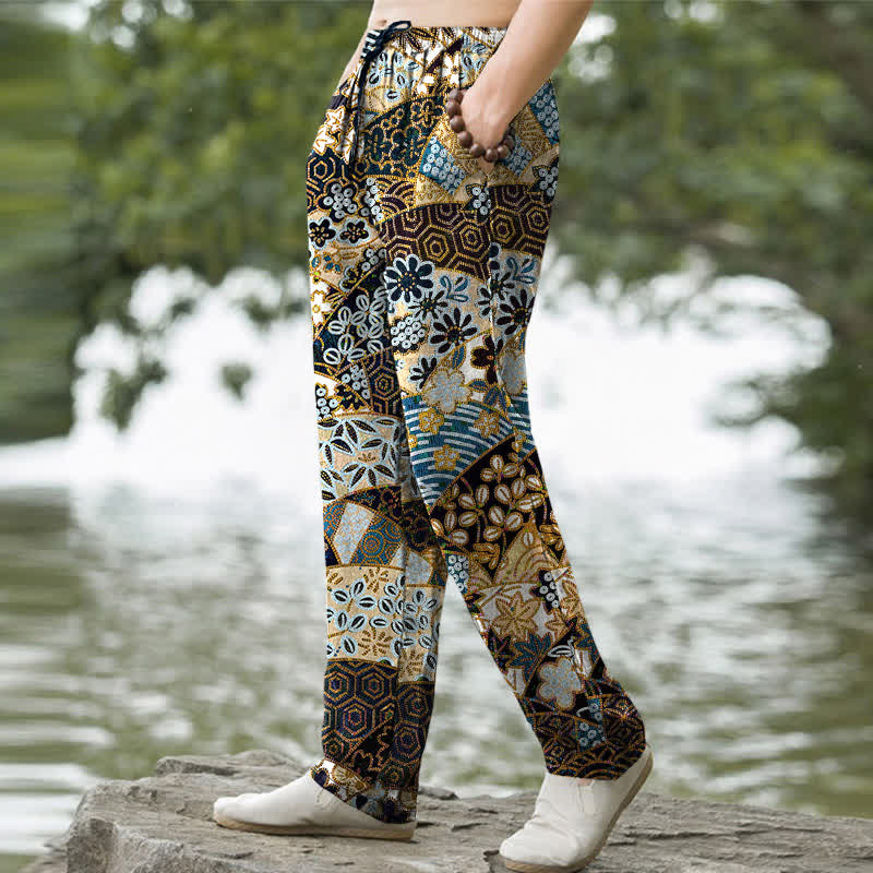Buddha Stones Pantaloni da uomo affusolati in cotone con motivo patchwork bohémien e tasche. - image 1