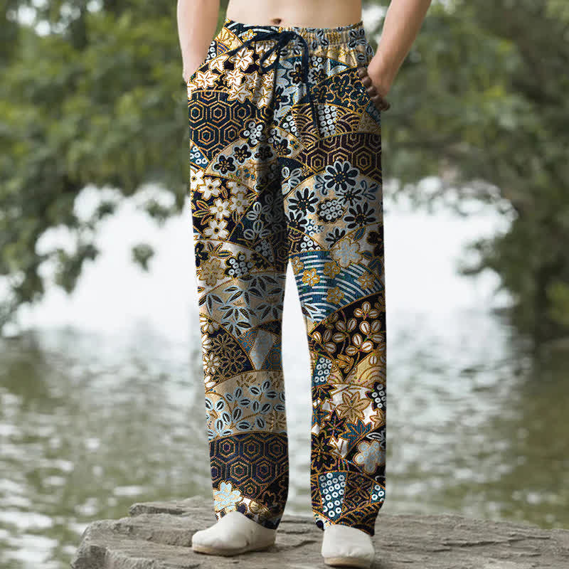 Buddha Stones Pantaloni da uomo affusolati in cotone con motivo patchwork bohémien e tasche. - Nero - US/UK/AU50, EU60 (5XL) - image 0