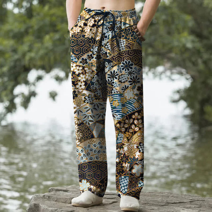 Buddha Stones Pantaloni da uomo affusolati in cotone con motivo patchwork bohémien e tasche. - Nero - US/UK/AU50, EU60 (5XL) - image 0