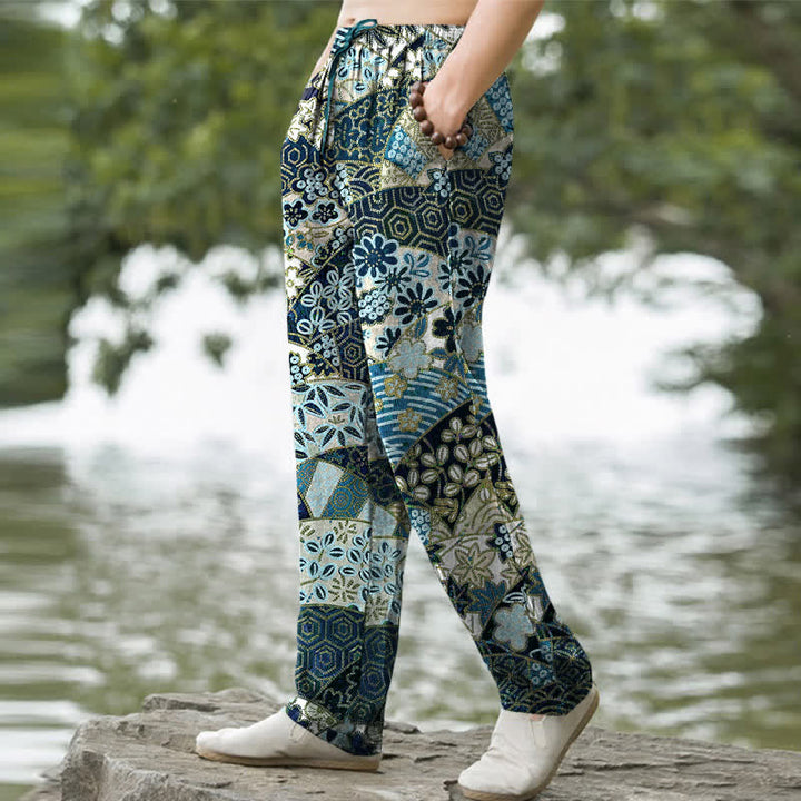 Buddha Stones Pantaloni da uomo affusolati in cotone con motivo patchwork bohémien e tasche. - image 5