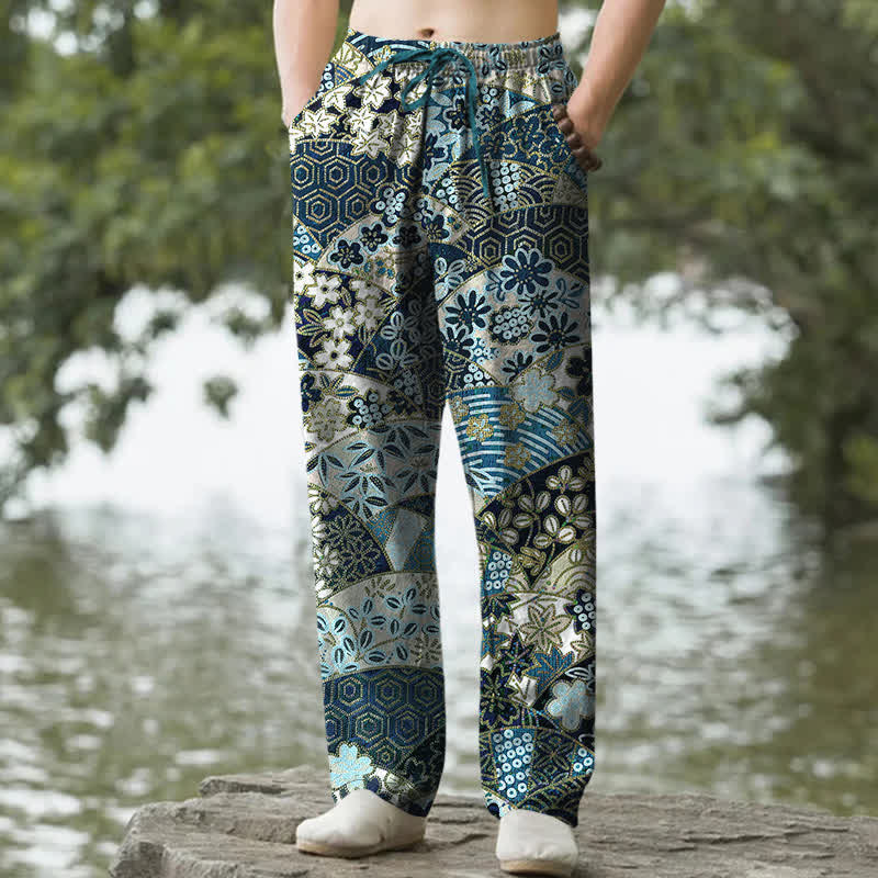 Buddha Stones Pantaloni da uomo affusolati in cotone con motivo patchwork bohémien e tasche. - Verde acqua - US/UK/AU50, EU60 (5XL) - image 4
