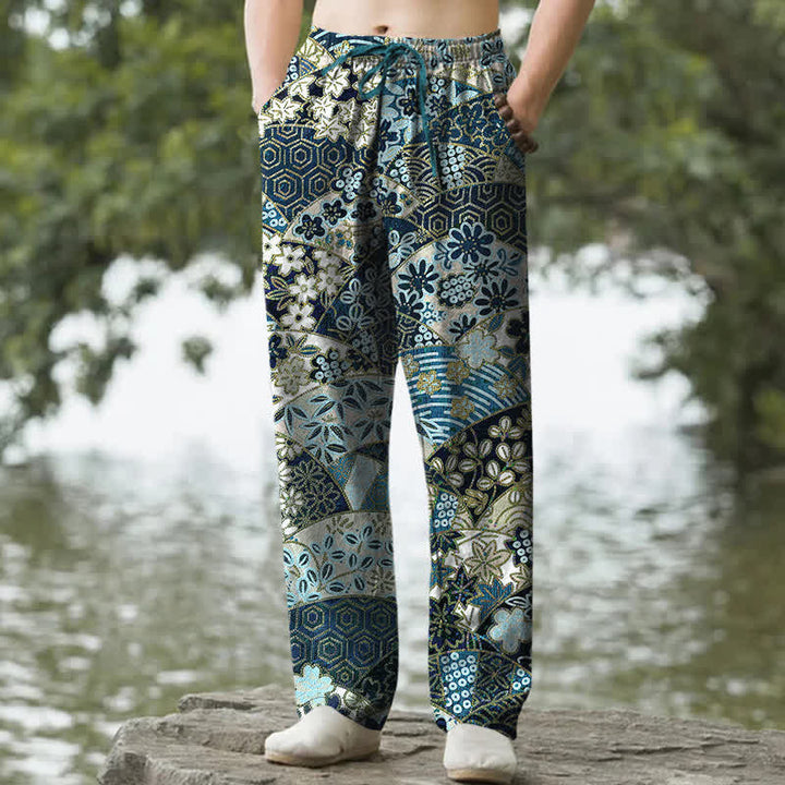 Buddha Stones Pantaloni da uomo affusolati in cotone con motivo patchwork bohémien e tasche. - Verde acqua - US/UK/AU50, EU60 (5XL) - image 4