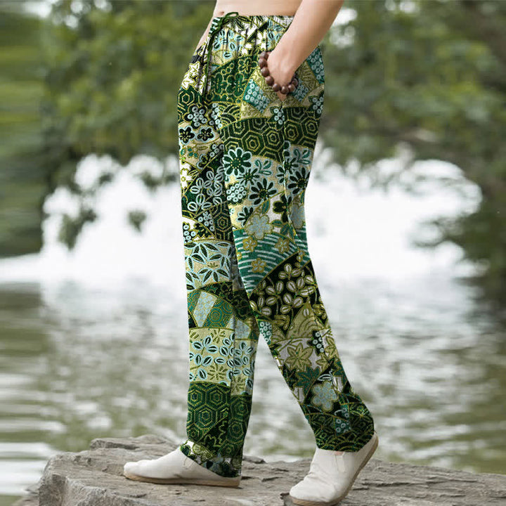 Buddha Stones Pantaloni da uomo affusolati in cotone con motivo patchwork bohémien e tasche. - image 7