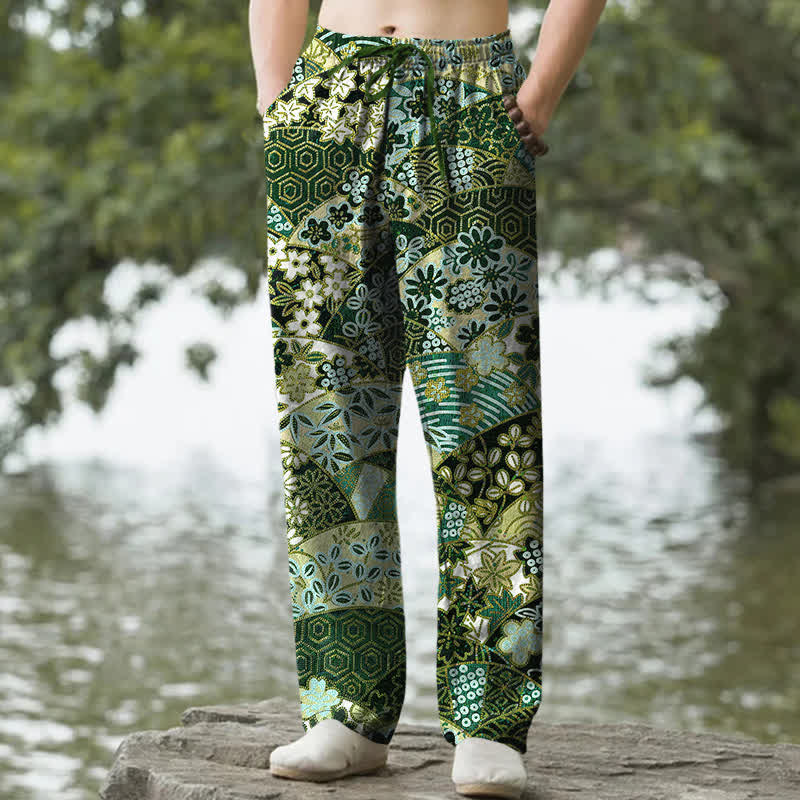 Buddha Stones Pantaloni da uomo affusolati in cotone con motivo patchwork bohémien e tasche. - Verde studentesco - US/UK/AU50, EU60 (5XL) - image 6