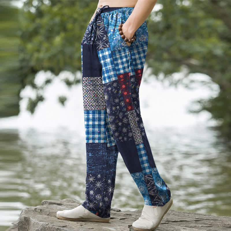Buddha Stones Pantaloni da uomo affusolati con tasche, in cotone patchwork con motivo floreale. - image 1