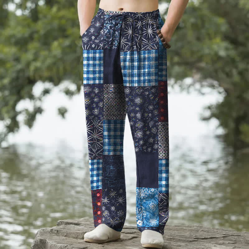 Buddha Stones Pantaloni da uomo affusolati con tasche, in cotone patchwork con motivo floreale. - Marina - US/UK/AU50, EU60 (5XL) - image 0
