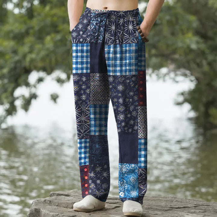 Buddha Stones Pantaloni da uomo affusolati con tasche, in cotone patchwork con motivo floreale. - Marina - US/UK/AU50, EU60 (5XL) - image 0