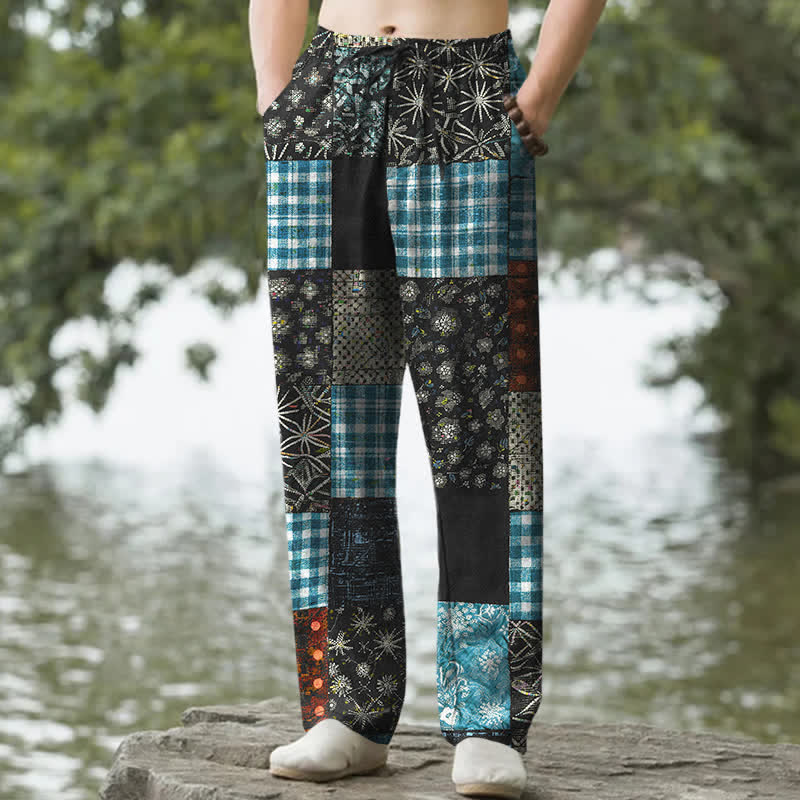 Buddha Stones Pantaloni da uomo affusolati con tasche, in cotone patchwork con motivo floreale. - Nero - US/UK/AU50, EU60 (5XL) - image 4
