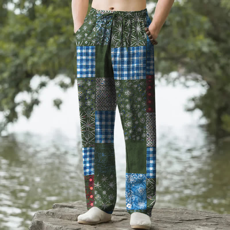 Buddha Stones Pantaloni da uomo affusolati con tasche, in cotone patchwork con motivo floreale. - Verde studentesco - US/UK/AU50, EU60 (5XL) - image 6