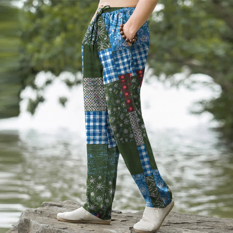 Buddha Stones Pantaloni da uomo affusolati con tasche, in cotone patchwork con motivo floreale. - image 7