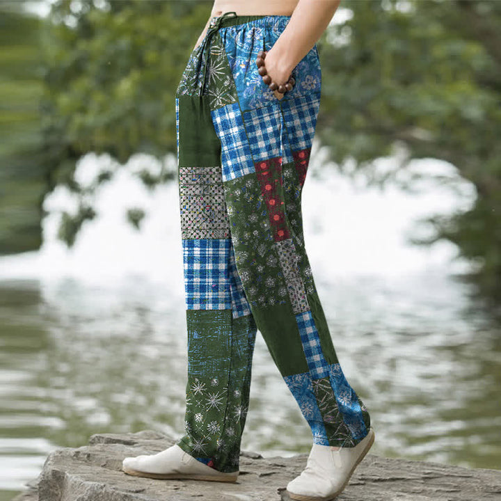 Buddha Stones Pantaloni da uomo affusolati con tasche, in cotone patchwork con motivo floreale. - image 7
