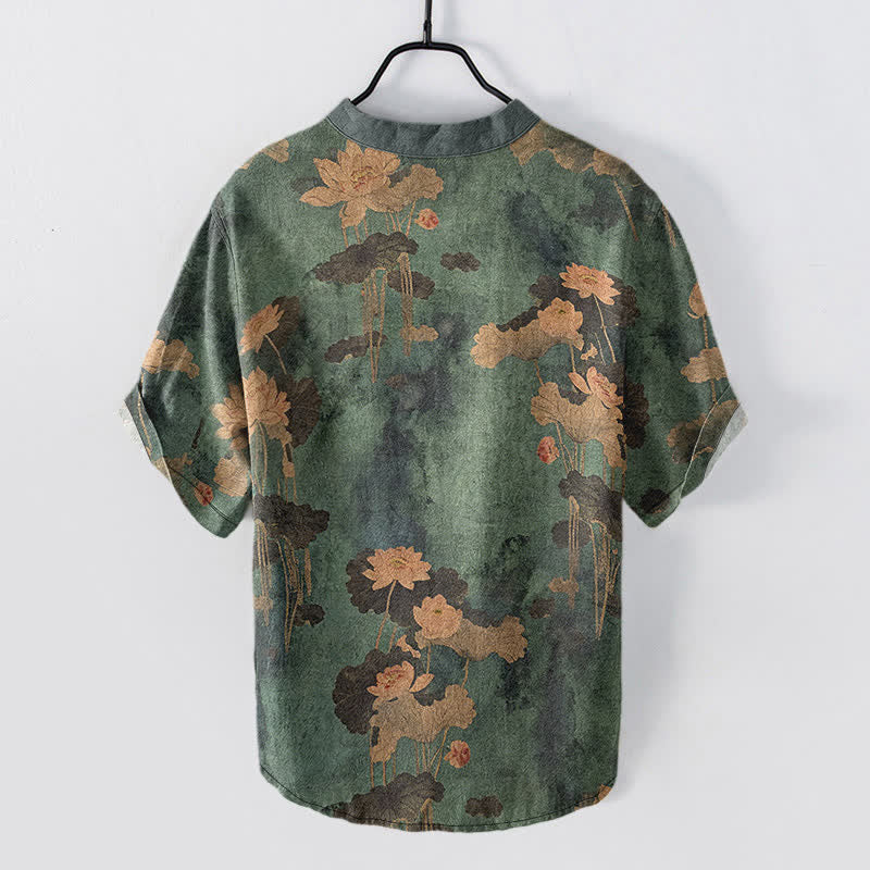 Buddha Stones Camicia da uomo a maniche corte con mezza abbottonatura e motivo floreale a loto in cotone. - image 1