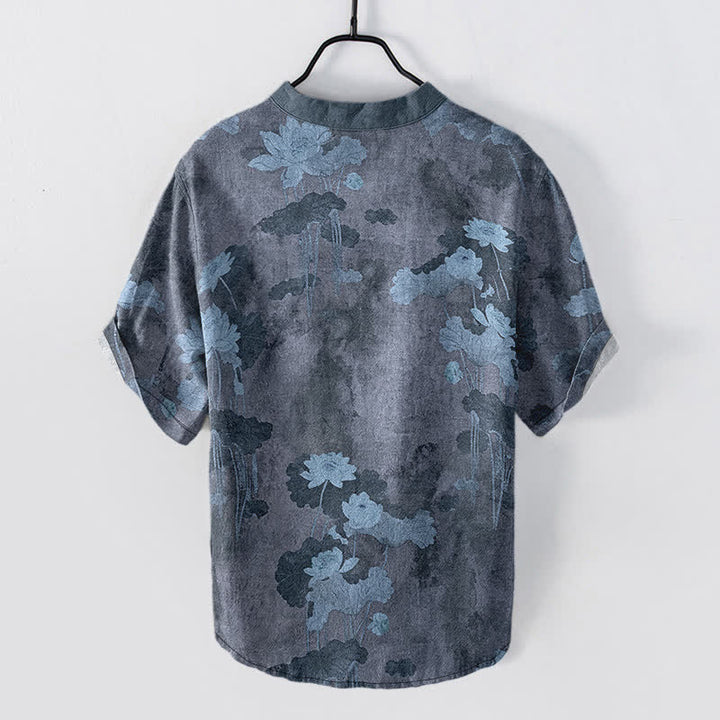 Buddha Stones Camicia da uomo a maniche corte con mezza abbottonatura e motivo floreale a loto in cotone. - image 6