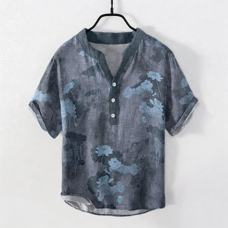 Buddha Stones Camicia da uomo a maniche corte con mezza abbottonatura e motivo floreale a loto in cotone. - Grigio ardesia - US/UK/AU50, EU60 (5XL) - image 5