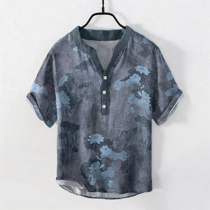 Buddha Stones Camicia da uomo a maniche corte con mezza abbottonatura e motivo floreale a loto in cotone. - Grigio ardesia - US/UK/AU50, EU60 (5XL) - image 5