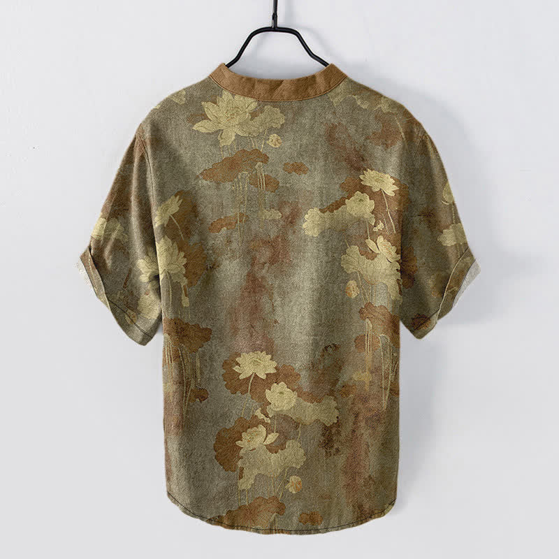 Buddha Stones Camicia da uomo a maniche corte con mezza abbottonatura e motivo floreale a loto in cotone. - image 8