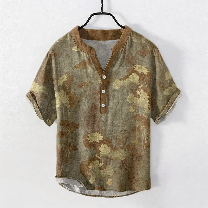Buddha Stones Camicia da uomo a maniche corte con mezza abbottonatura e motivo floreale a loto in cotone. - Oliva - US/UK/AU50, EU60 (5XL) - image 7
