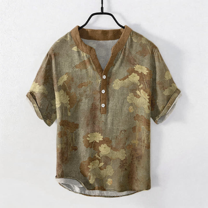 Buddha Stones Camicia da uomo a maniche corte con mezza abbottonatura e motivo floreale a loto in cotone. - Oliva - US/UK/AU50, EU60 (5XL) - image 7