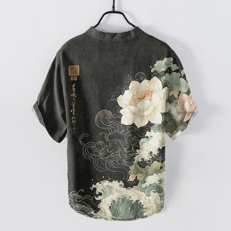 Buddha Stones Camicia da uomo a maniche corte con mezza abbottonatura, in cotone, con motivo a onde di loto. - image 1