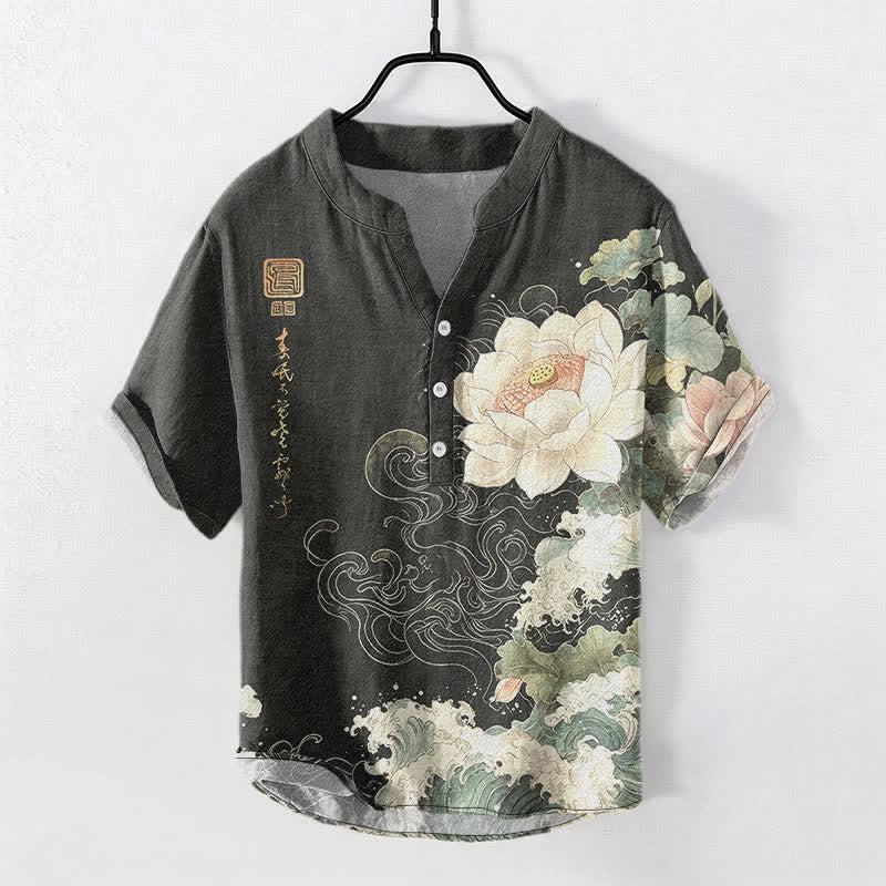 Buddha Stones Camicia da uomo a maniche corte con mezza abbottonatura, in cotone, con motivo a onde di loto. - Grigio tenue - US/UK/AU50, EU60 (5XL) - image 0