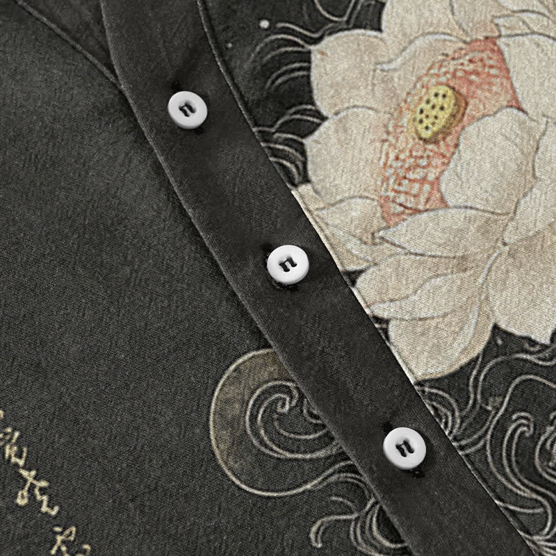 Buddha Stones Camicia da uomo a maniche corte con mezza abbottonatura, in cotone, con motivo a onde di loto. - image 3