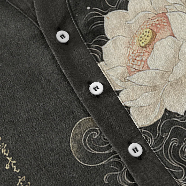 Buddha Stones Camicia da uomo a maniche corte con mezza abbottonatura, in cotone, con motivo a onde di loto. - image 3