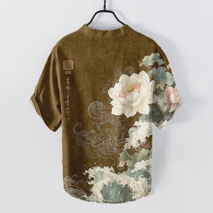 Buddha Stones Camicia da uomo a maniche corte con mezza abbottonatura, in cotone, con motivo a onde di loto. - image 6
