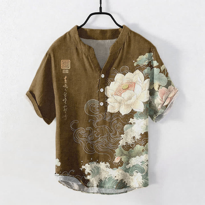 Buddha Stones Camicia da uomo a maniche corte con mezza abbottonatura, in cotone, con motivo a onde di loto. - Marrone sella - US/UK/AU50, EU60 (5XL) - image 5