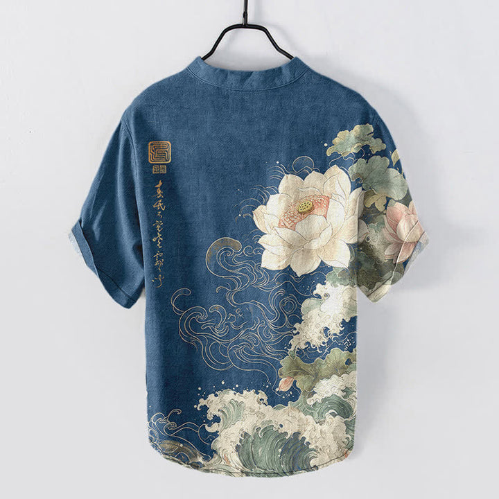 Buddha Stones Camicia da uomo a maniche corte con mezza abbottonatura, in cotone, con motivo a onde di loto. - image 8