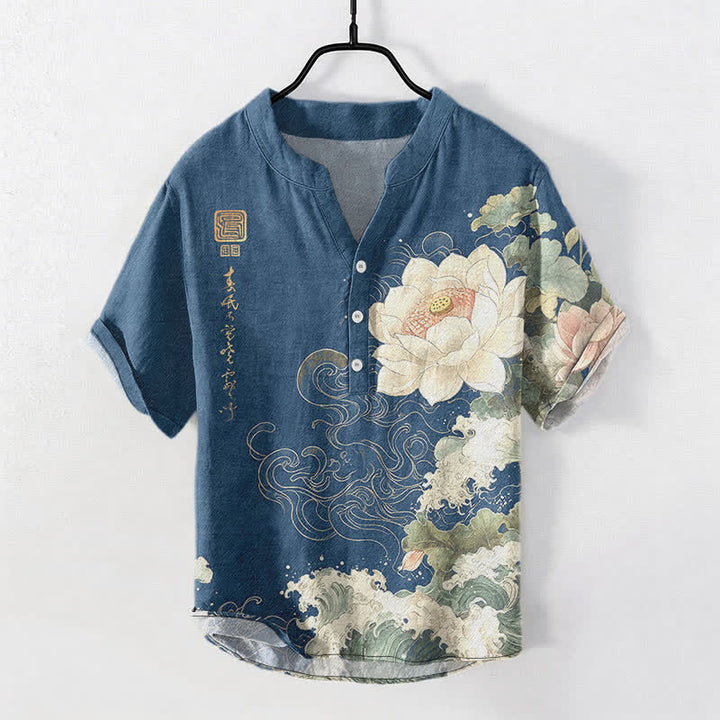 Buddha Stones Camicia da uomo a maniche corte con mezza abbottonatura, in cotone, con motivo a onde di loto. - SteelBlue - US/UK/AU50, EU60 (5XL) - image 7