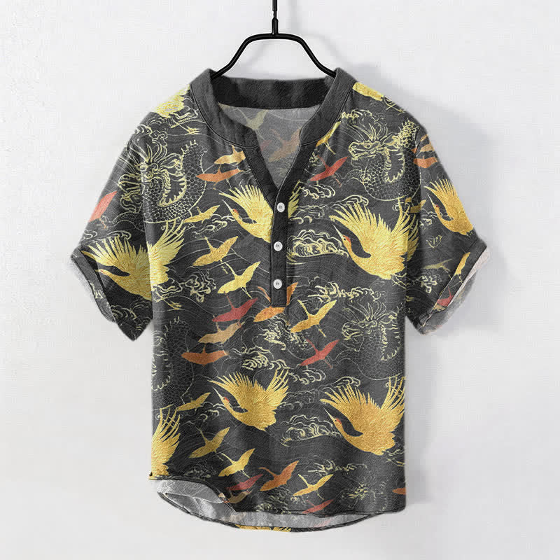 Buddha Stones Camicia da uomo a maniche corte con mezza abbottonatura, in cotone, con motivo a gru volanti e onde. - Grigio tenue - US/UK/AU50, EU60 (5XL) - image 0