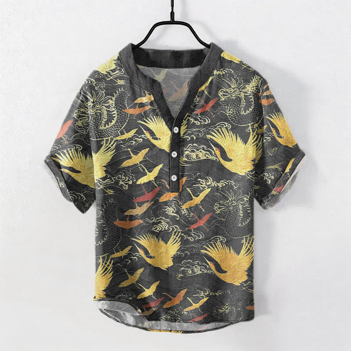 Buddha Stones Camicia da uomo a maniche corte con mezza abbottonatura, in cotone, con motivo a gru volanti e onde. - Grigio tenue - US/UK/AU50, EU60 (5XL) - image 0
