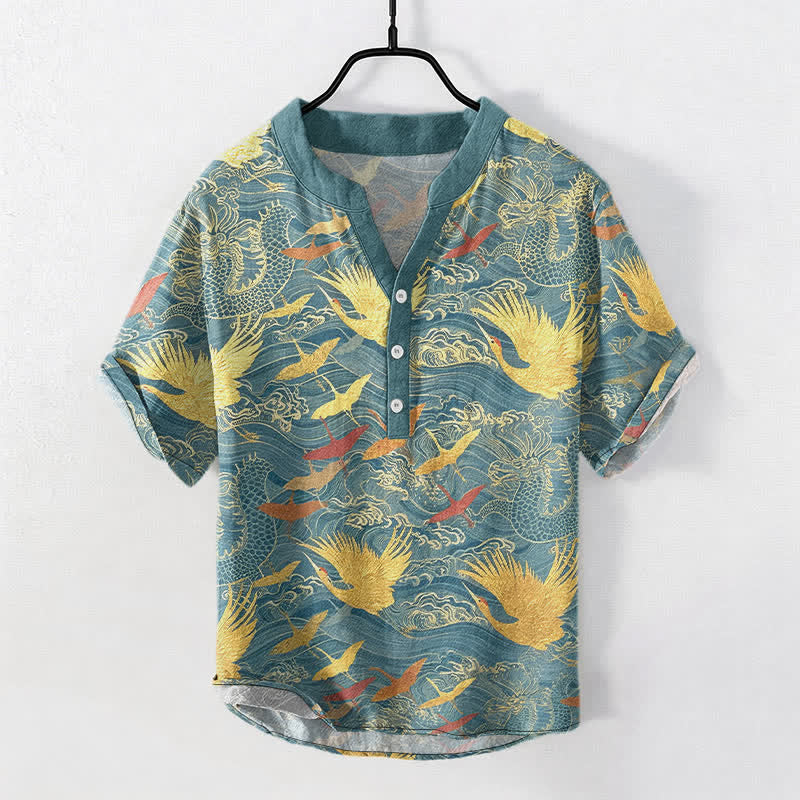 Buddha Stones Camicia da uomo a maniche corte con mezza abbottonatura, in cotone, con motivo a gru volanti e onde. - Verde acqua - US/UK/AU50, EU60 (5XL) - image 5
