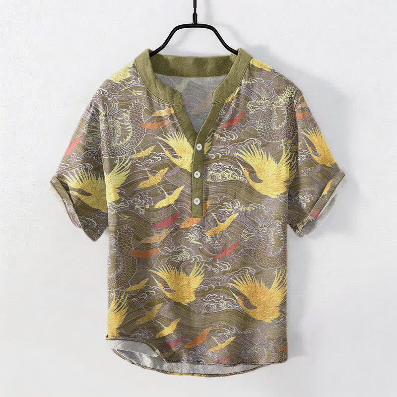 Buddha Stones Camicia da uomo a maniche corte con mezza abbottonatura, in cotone, con motivo a gru volanti e onde. - Oliva - US/UK/AU50, EU60 (5XL) - image 7