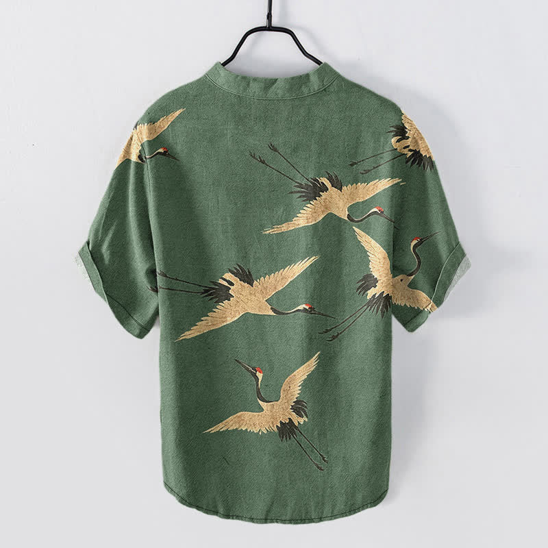 Buddha Stones Camicia da uomo a maniche corte con mezza abbottonatura, in cotone, con motivo gru in volo. - image 1