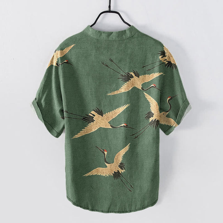 Buddha Stones Camicia da uomo a maniche corte con mezza abbottonatura, in cotone, con motivo gru in volo. - image 1