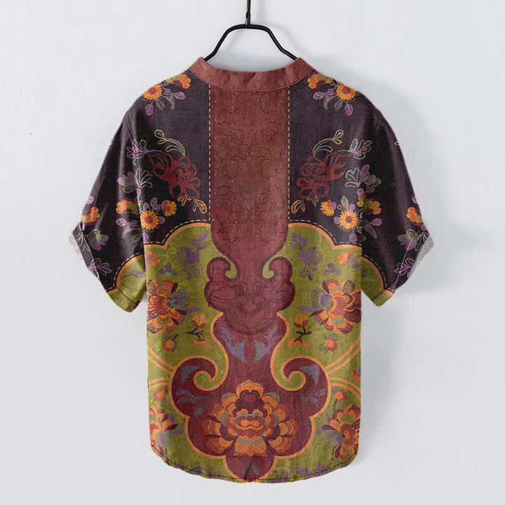 Buddha Stones Camicia da uomo a maniche corte con mezza abbottonatura, in cotone, con motivo floreale barocco. - image 1