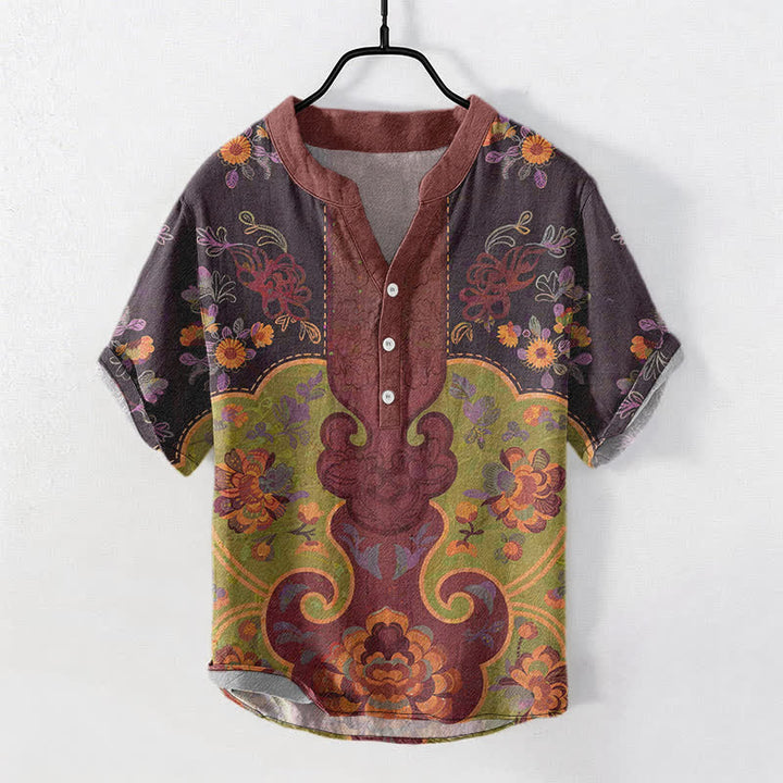 Buddha Stones Camicia da uomo a maniche corte con mezza abbottonatura, in cotone, con motivo floreale barocco. - Marrone - US/UK/AU50, EU60 (5XL) - image 0