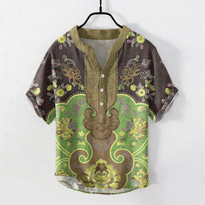 Buddha Stones Camicia da uomo a maniche corte con mezza abbottonatura, in cotone, con motivo floreale barocco. - Oliva - US/UK/AU50, EU60 (5XL) - image 5