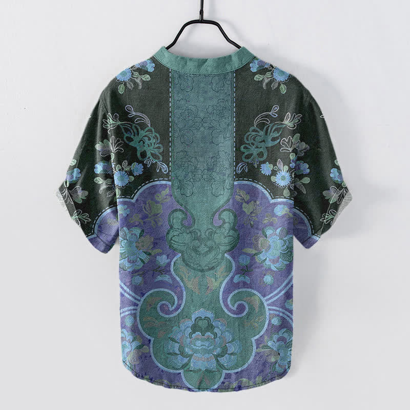 Buddha Stones Camicia da uomo a maniche corte con mezza abbottonatura, in cotone, con motivo floreale barocco. - image 8