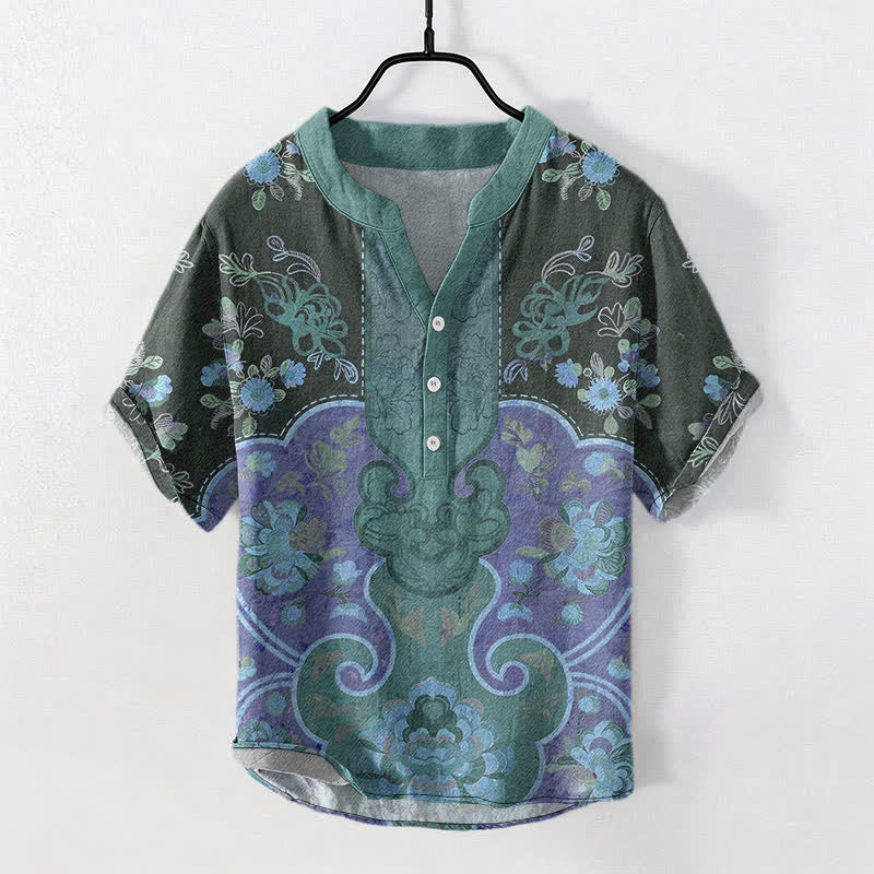 Buddha Stones Camicia da uomo a maniche corte con mezza abbottonatura, in cotone, con motivo floreale barocco. - Verde acqua - US/UK/AU50, EU60 (5XL) - image 7
