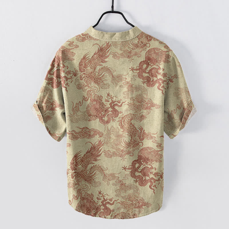 Buddha Stones Camicia da uomo a maniche corte con mezza abbottonatura, in cotone, con motivo drago vintage. - image 1