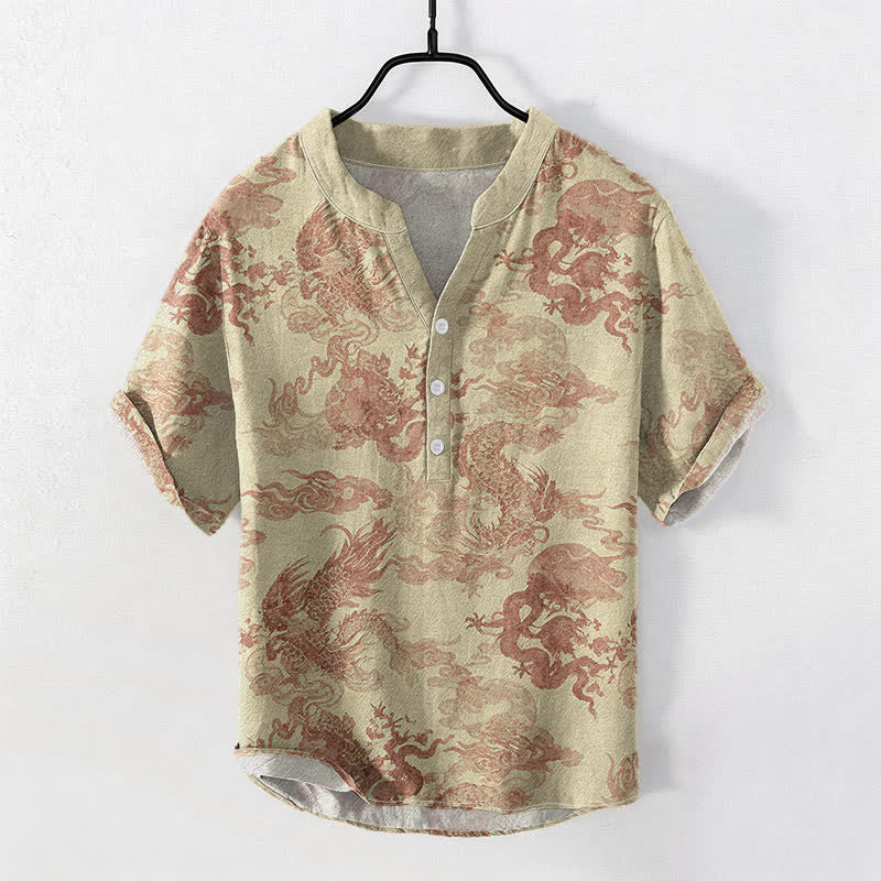 Buddha Stones Camicia da uomo a maniche corte con mezza abbottonatura, in cotone, con motivo drago vintage. - Grano - US/UK/AU50, EU60 (5XL) - image 0