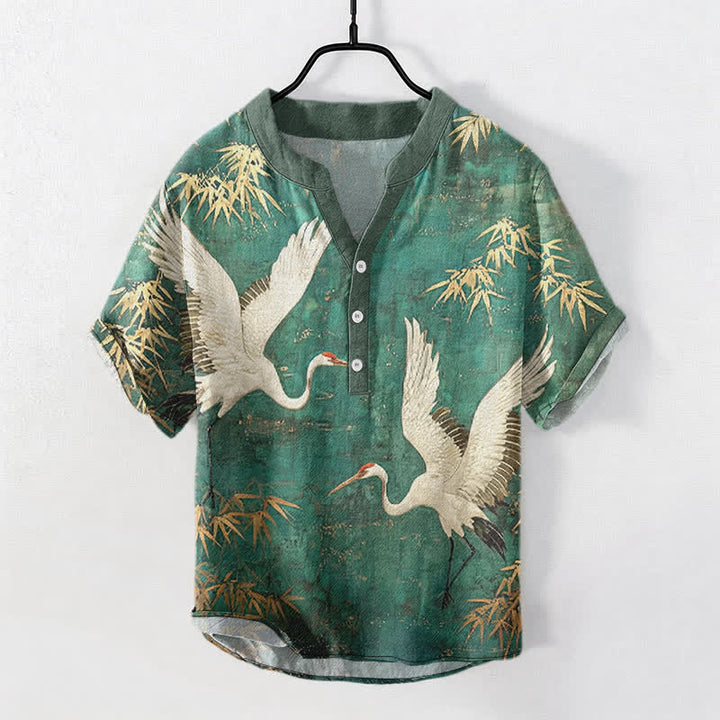 Buddha Stones Camicia da uomo a maniche corte con mezza abbottonatura, in cotone, con motivo gru e bambù. - Verde mare - US/UK/AU50, EU60 (5XL) - image 0