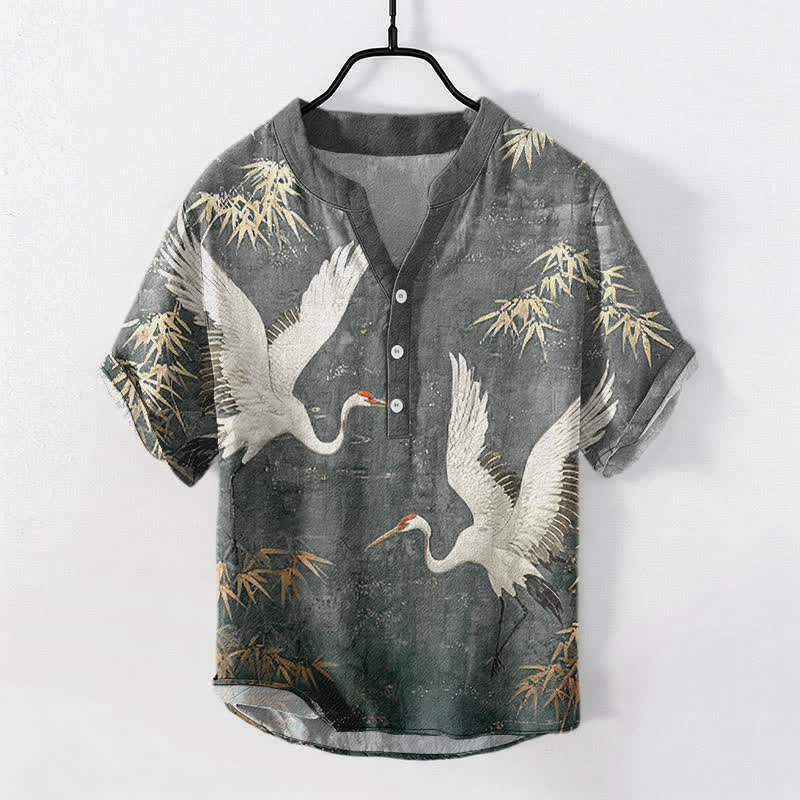 Buddha Stones Camicia da uomo a maniche corte con mezza abbottonatura, in cotone, con motivo gru e bambù. - Grigio scuro - US/UK/AU50, EU60 (5XL) - image 5