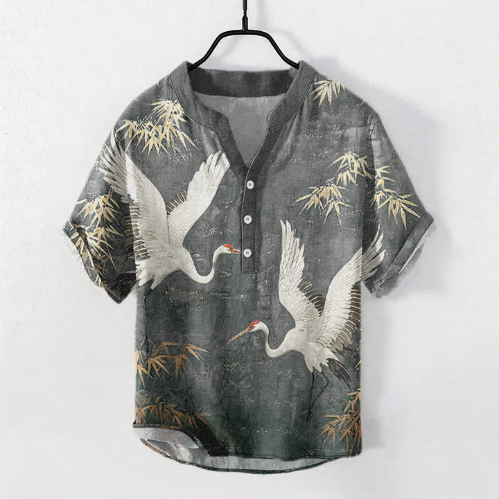 Buddha Stones Camicia da uomo a maniche corte con mezza abbottonatura, in cotone, con motivo gru e bambù. - Grigio scuro - US/UK/AU50, EU60 (5XL) - image 5