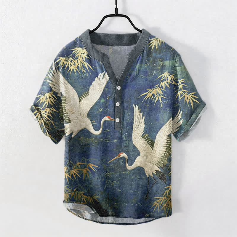 Buddha Stones Camicia da uomo a maniche corte con mezza abbottonatura, in cotone, con motivo gru e bambù. - Marina - US/UK/AU50, EU60 (5XL) - image 7