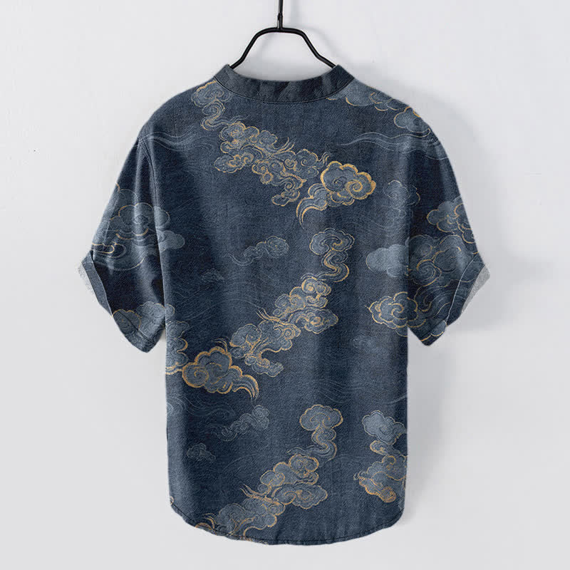 Buddha Stones Camicia da uomo a maniche corte con mezza abbottonatura, in cotone, con motivo "Nuvola di buon auspicio". - image 1